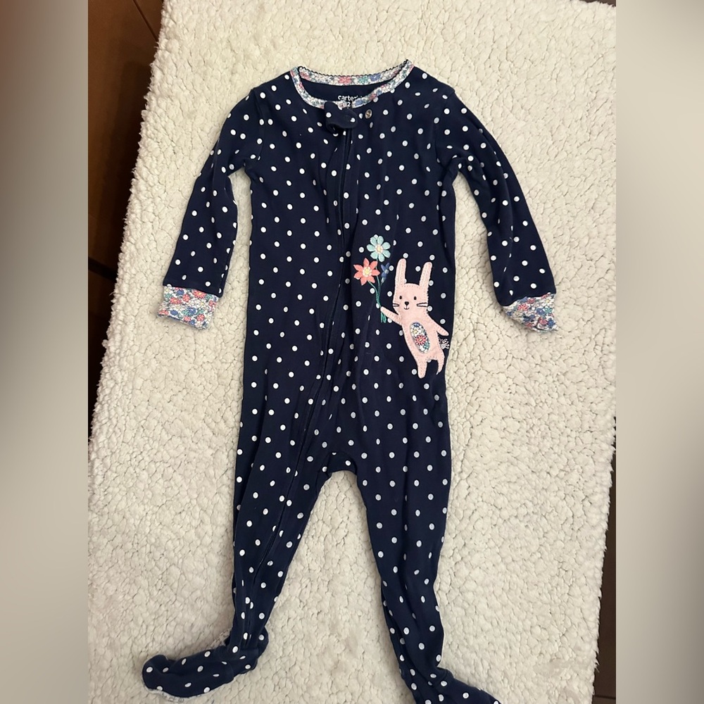 Carter's Navy and White Polka Dot Footie with Bunny and Floral Accents